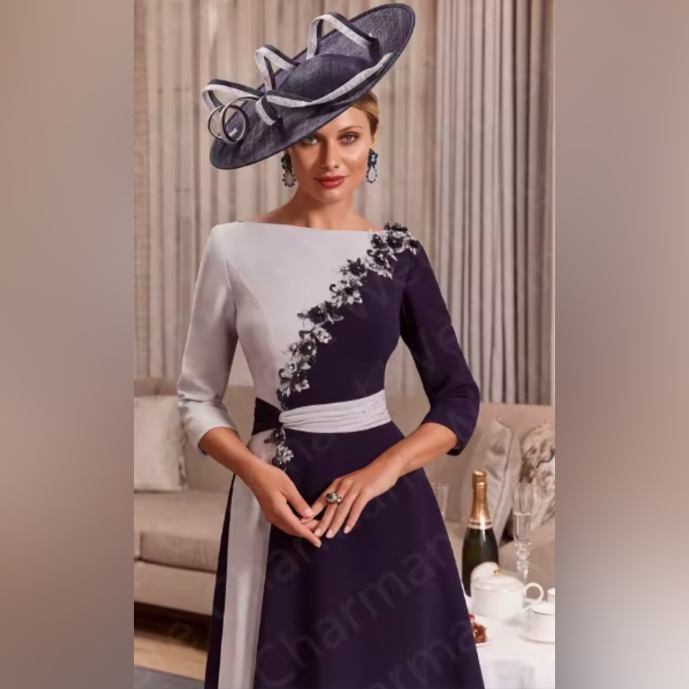 Wedding guest/mother of bride custom color block contrast dress Navy/Lavender.